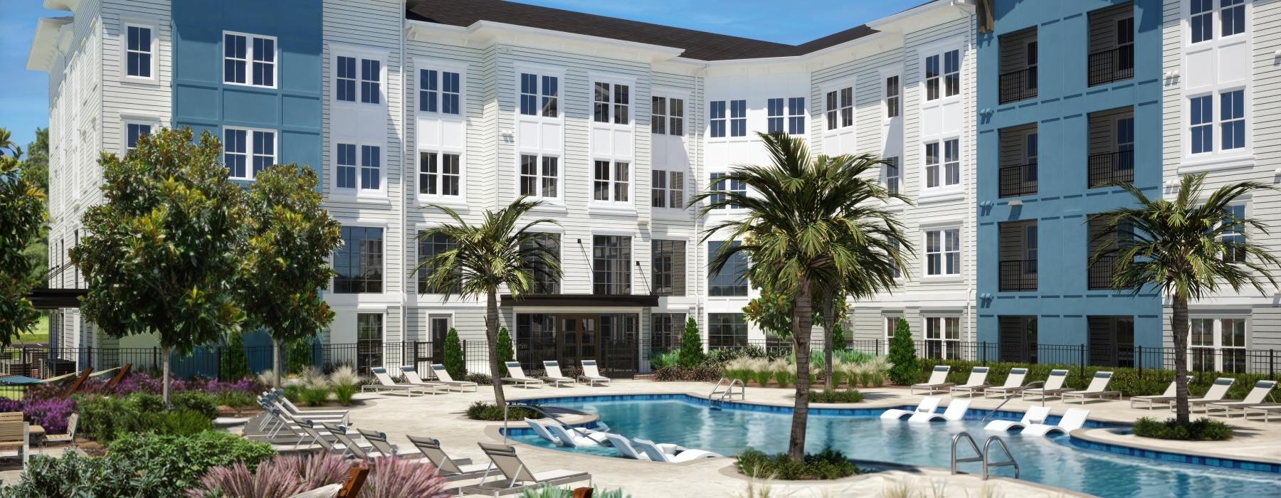 a pool in front of a building