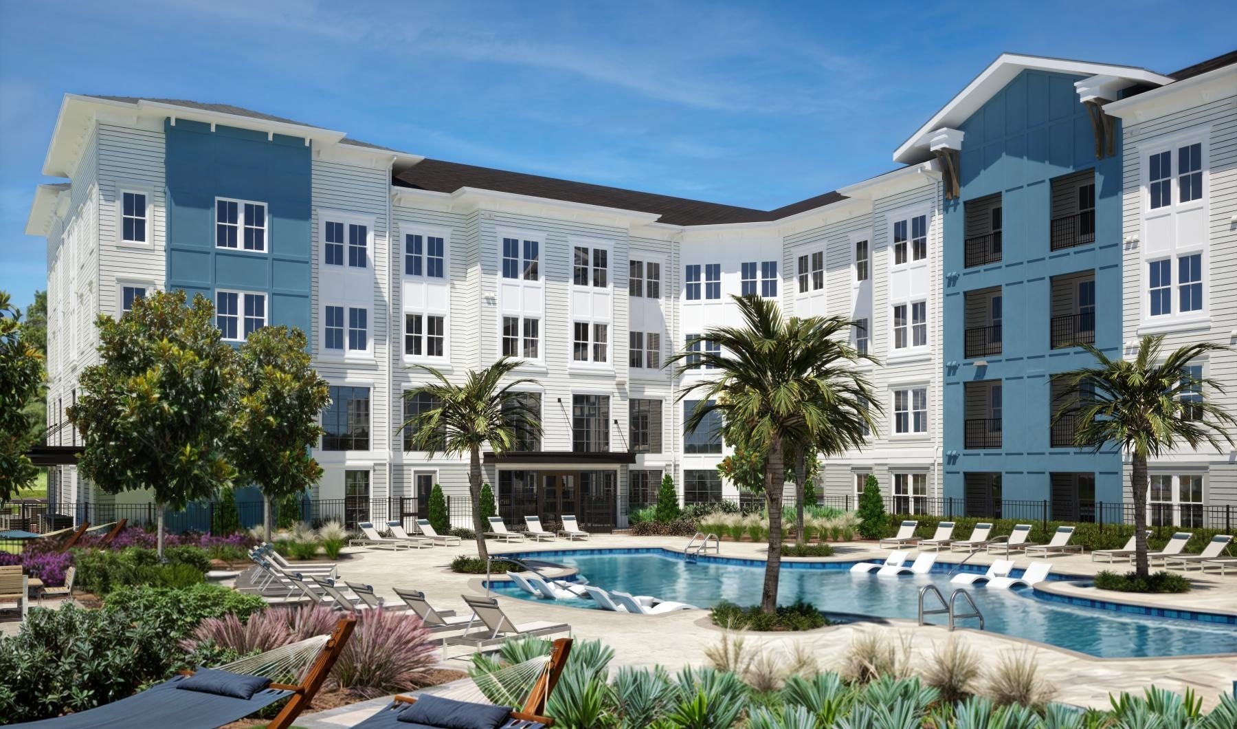 a pool in front of a building