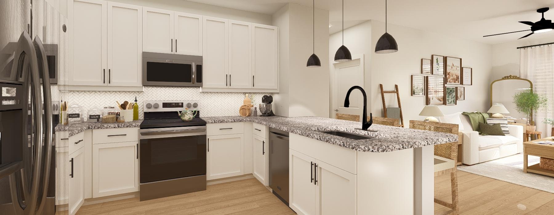 a kitchen with white cabinets